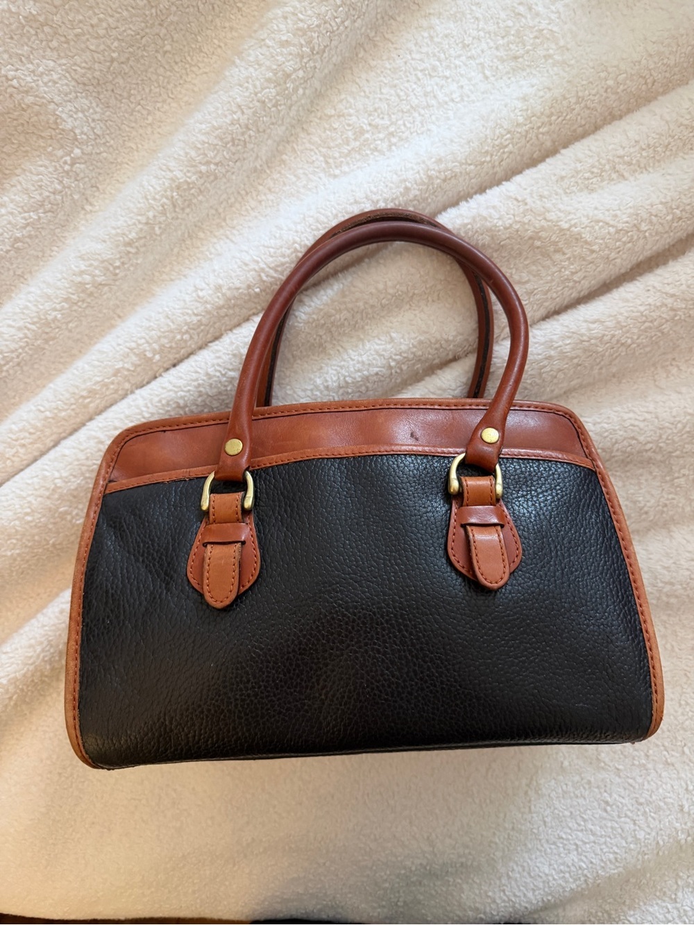 Classic Vintage Navy and Brown Leather Satchel Handbag - Picture 5 of 11